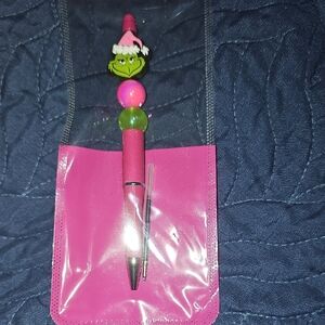 Pink and Green Pen with Grinch Character Topper